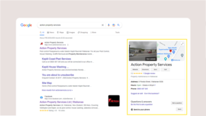 Google Business Profile Listing on desktop view for Action Property Services